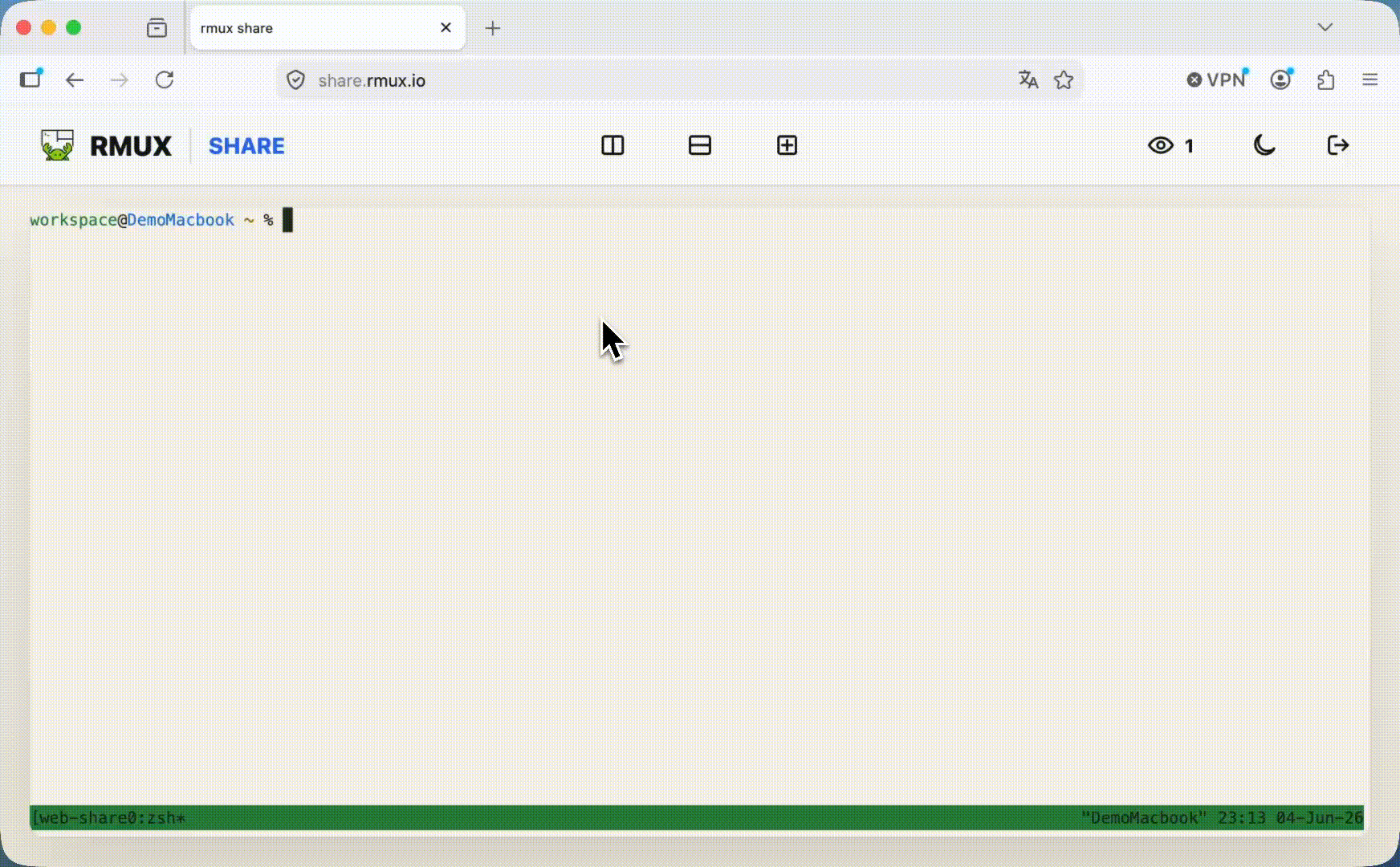 rmux Web Share browser client rendering a shared split-pane terminal session